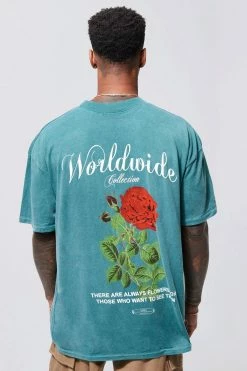 Promo 💯 Oversized Overdye Worldwide Floral Graphic T-shirt Dark Green ⭐
