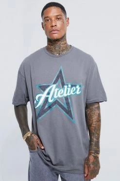 Top 10 🤩 Oversized Glitter Varsity Graphic T-shirt Charcoal ❤️