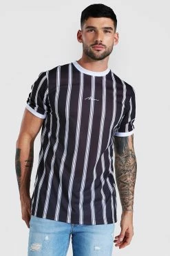 Best Sale 👏 Slim Man Signature Stripe Ringer T-shirt Black ❤️