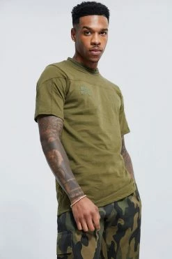 Deals ⭐ Extended Neck Piped Graphic T-shirt Khaki 🥰