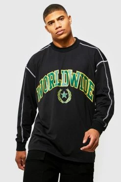 Best Pirce 👍 Oversized Contrast Print Long Sleeve T-shirt Black 🤩