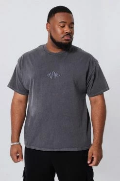 Budget ⌛ Plus Overdye Man Embroidered T-shirt Charcoal 🤩