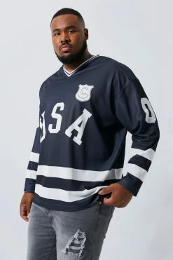 Best Pirce 👍 Plus Oversized Varsity USA Hockey Jersey Dark Grey 😀