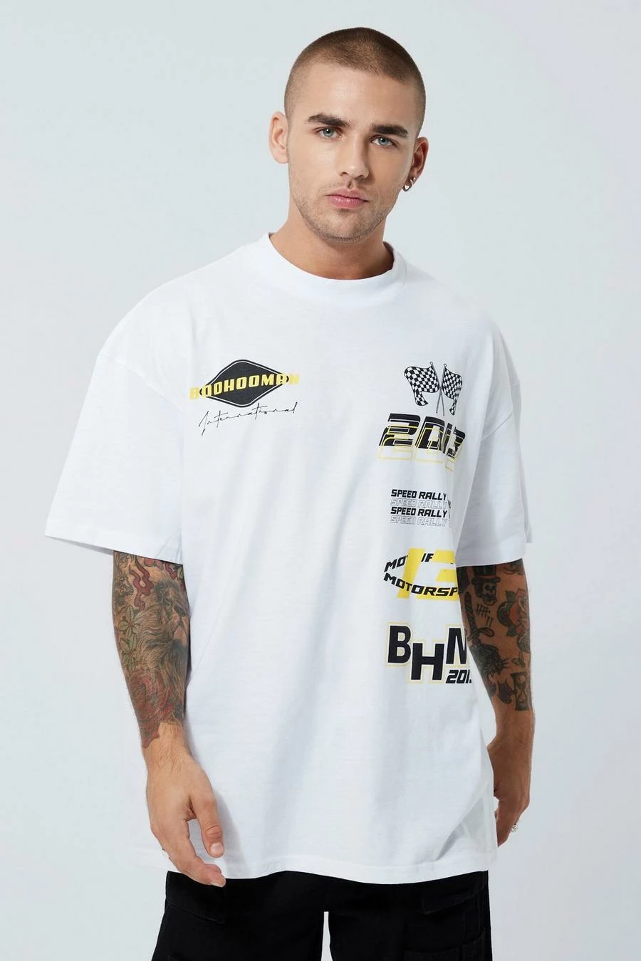 Promo ๐ Oversized Extended Neck Bhm Moto Print T-shirt White ๐ 3 Promo ๐ Oversized Extended Neck Bhm Moto Print T-shirt White ๐