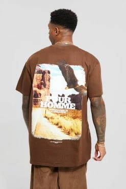 Coupon 🔔 Oversized Pour Homme Bird Graphic T-shirt Chocolate 🎉