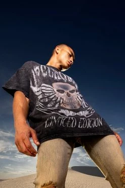 Wholesale ❤️ Oversized Extended Neck Washed Print T-shirt Charcoal 💯