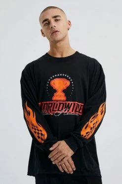 Promo ❤️ Oversized Worldwide Flame Long Sleeve Print T-shirt Black 🛒