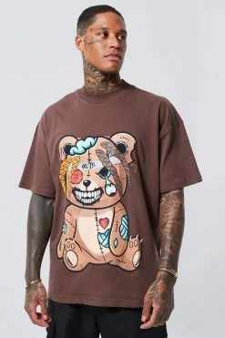 Coupon 😀 Oversized Angry Teddy Extended Neck T-shirt Chocolate 🌟