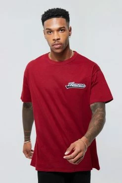 Discount 👏 Oversized Varsity Badge Applique T-shirt Burgundy 🔥