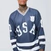 Flash Sale 🛒 Oversized Varsity Usa Mesh Hockey Jersey Top Dark Grey ✨ -boohooMAN Shop unnamed file 256