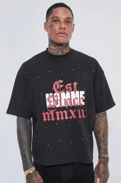 Best Pirce 🛒 Oversized Boxy T-shirt With Studs Black 🔥