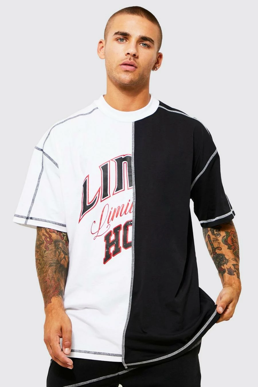 Flash Sale β Oversized Extended Neck Spliced Print T-shirt Black π― 3 Flash Sale β Oversized Extended Neck Spliced Print T-shirt Black π―