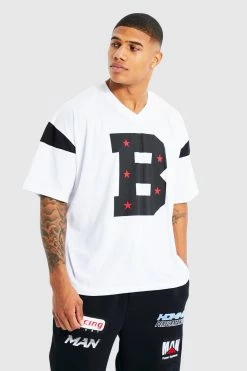 Cheapest 💯 Boxy V-neck Varsity Graphic T-shirt White 🎉