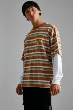Flash Sale 😍 Oversized Slogan Faux Layer Stripe T-shirt Brown 🔥