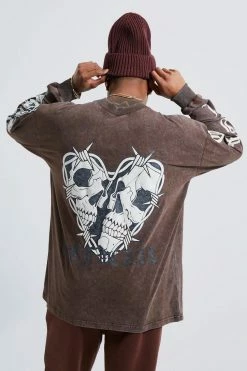 Best deal 🥰 Oversized Long Sleeve Washed Graphic T-shirt Chocolate 😀
