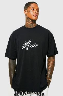 Cheap 👏 Oversized Man Script Graphic T-shirt Black 🔥