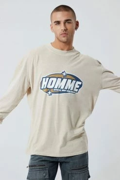 Flash Sale 🛒 Oversized Overdye Homme Long Sleeve Print T-shirt Sand 🔔