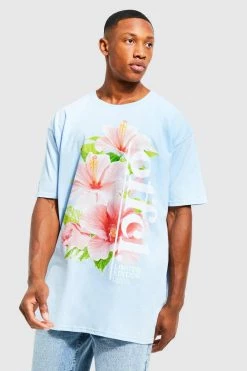 Budget 🔥 Oversized Offcl Floral Graphic T-shirt Pale Blue 🛒
