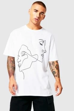 Coupon 😉 Oversized Line Face Graphic T-shirt White 😉
