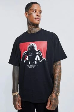 Promo 🛒 Oversized Extended Neck Screen Print T-shirt Black ⭐