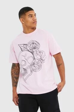 Buy 🥰 Oversized Skull Line Graphic T-shirt Light Pink 🎁