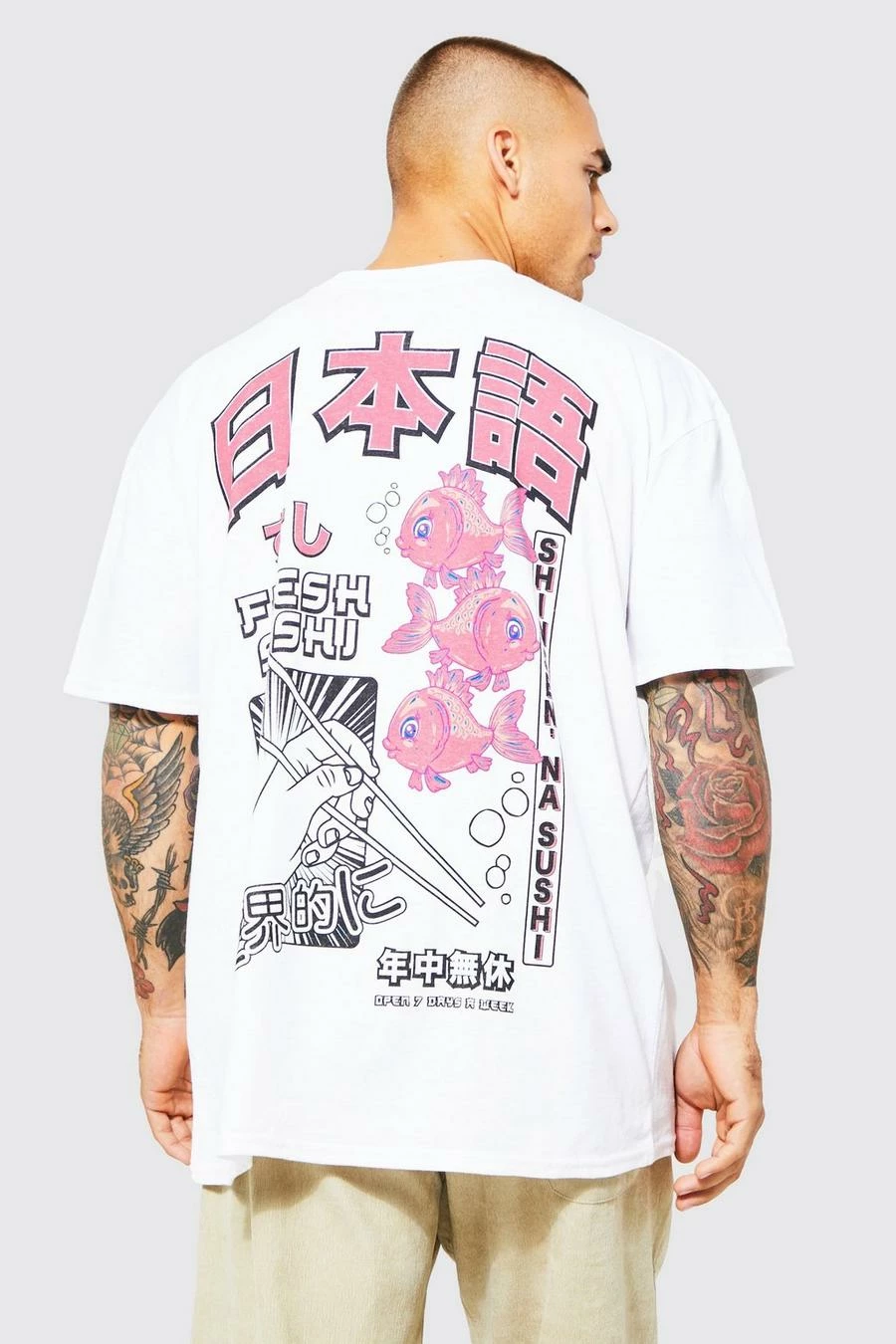Brand new ⭐ Oversized Extended Neck Fresh Sushi T-shirt White 👏 3 Brand new ⭐ Oversized Extended Neck Fresh Sushi T-shirt White 👏