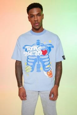 Budget 🔥 Oversized Boxy Globe Graphic T-shirt Blue 🎉