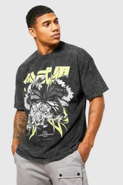 Buy ⌛ Oversized Acid Wash Butterfly Graphic T-shirt Charcoal 🥰