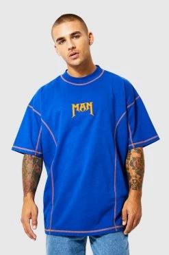 Wholesale 😀 Man Oversized Extended Neck Contrast T-shirt Cobalt 🎉