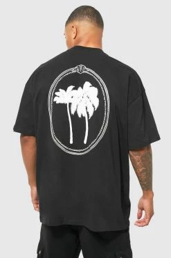 Deals 🛒 Oversized Extended Neck Palm Graphic T-shirt Black ✨