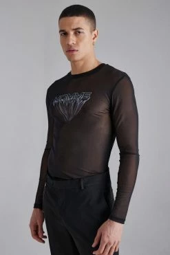 Best deal ⭐ Mesh Muscle Fit Graphic Long Sleeve T-shirt Black 🛒