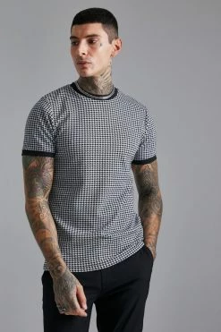 Cheap 👍 Smart Slim 🐕 Dogtooth Jacquard Ringer T-shirt Black ⌛