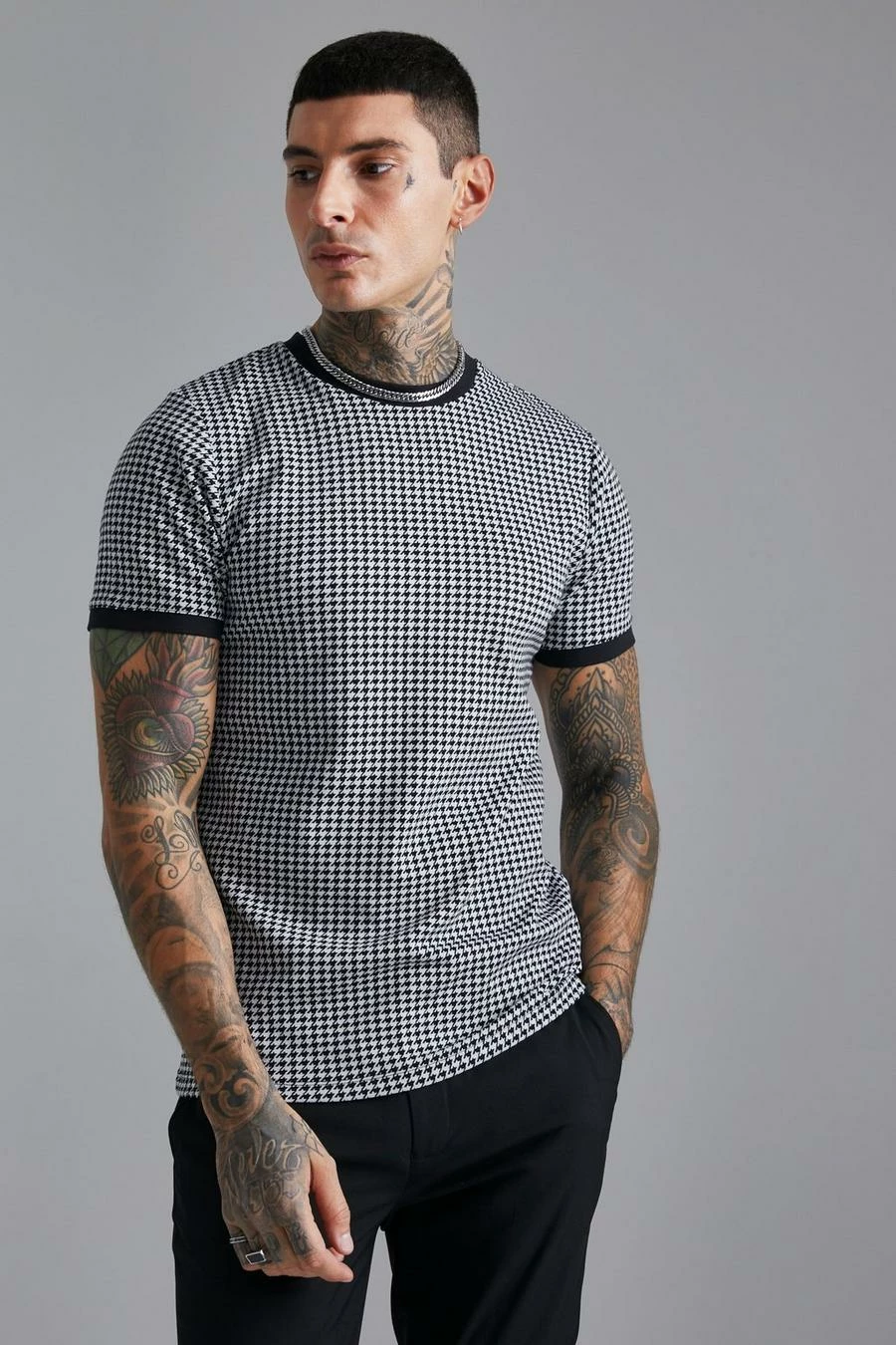 Cheap ๐ Smart Slim ๐ Dogtooth Jacquard Ringer T-shirt Black โ 3 Cheap ๐ Smart Slim ๐ Dogtooth Jacquard Ringer T-shirt Black โ