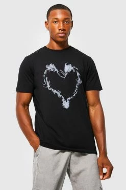 Outlet ✨ Slim Fit Heart Graphic T 👕 Shirt Black 🔔
