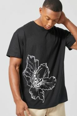 Cheapest 😍 Line Drawn Flower Print T-shirt Black ⭐