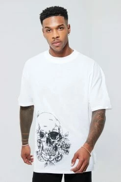 Top 10 👍 Line Drawn Floral Skull Print T-shirt White 🔔