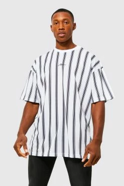 Coupon ⌛ Oversized Stripe Man Signature T-shirt White 😀