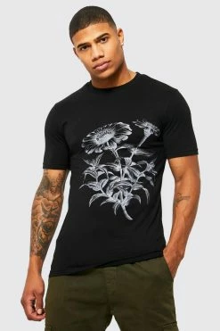 Best Sale 🤩 Muscle Fit Floral Graphic T-shirt Black ❤️