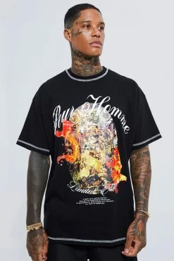 Discount ⭐ Oversized Contrast Stitch Graphic T-shirt Black 🔔