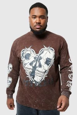 Deals ✔️ Plus Washed Skeleton Long Sleeve T-shirt Chocolate 🛒